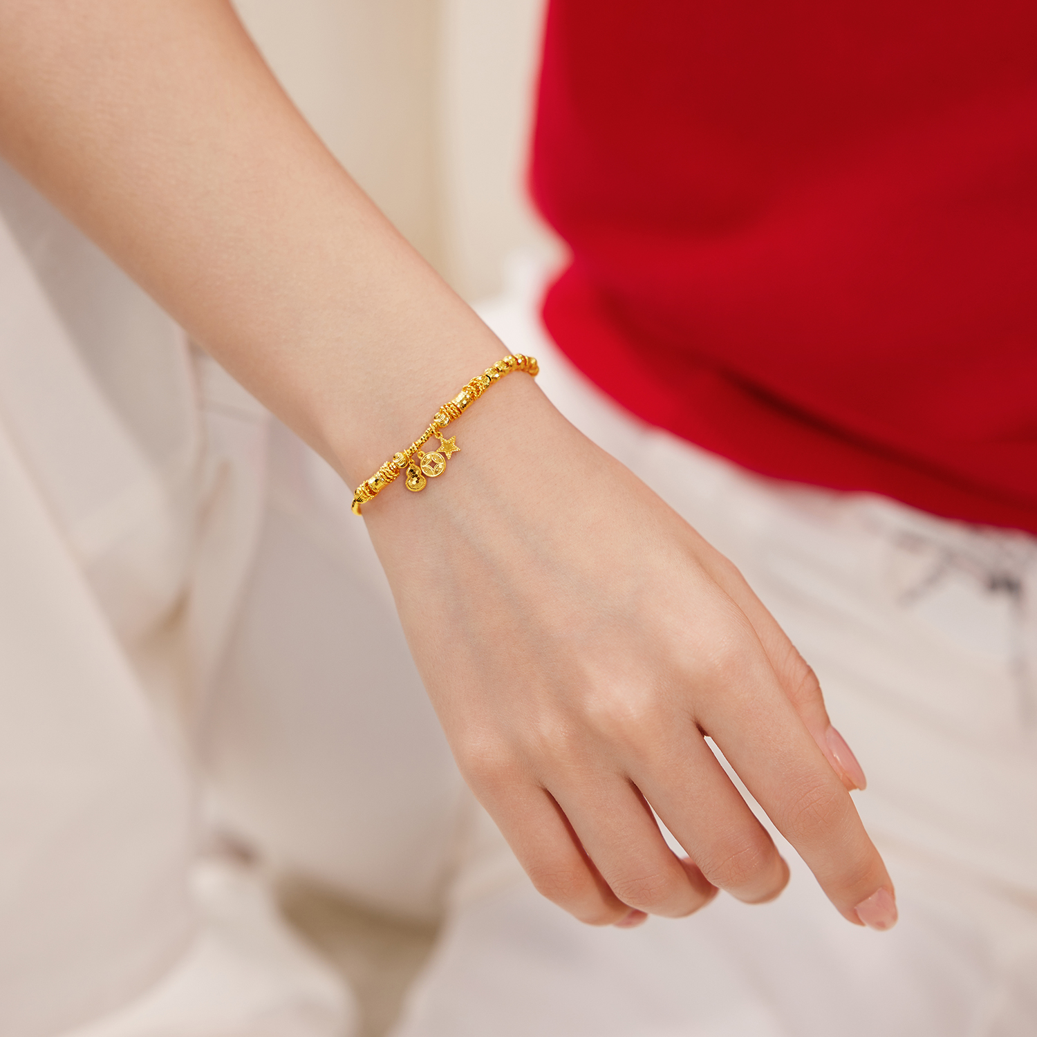 【店庆特惠】六福珠宝光影金福禄星愿黄金手链爆闪猫眼珠配件手串计价036241ba【联系客服补货】【视频看货】