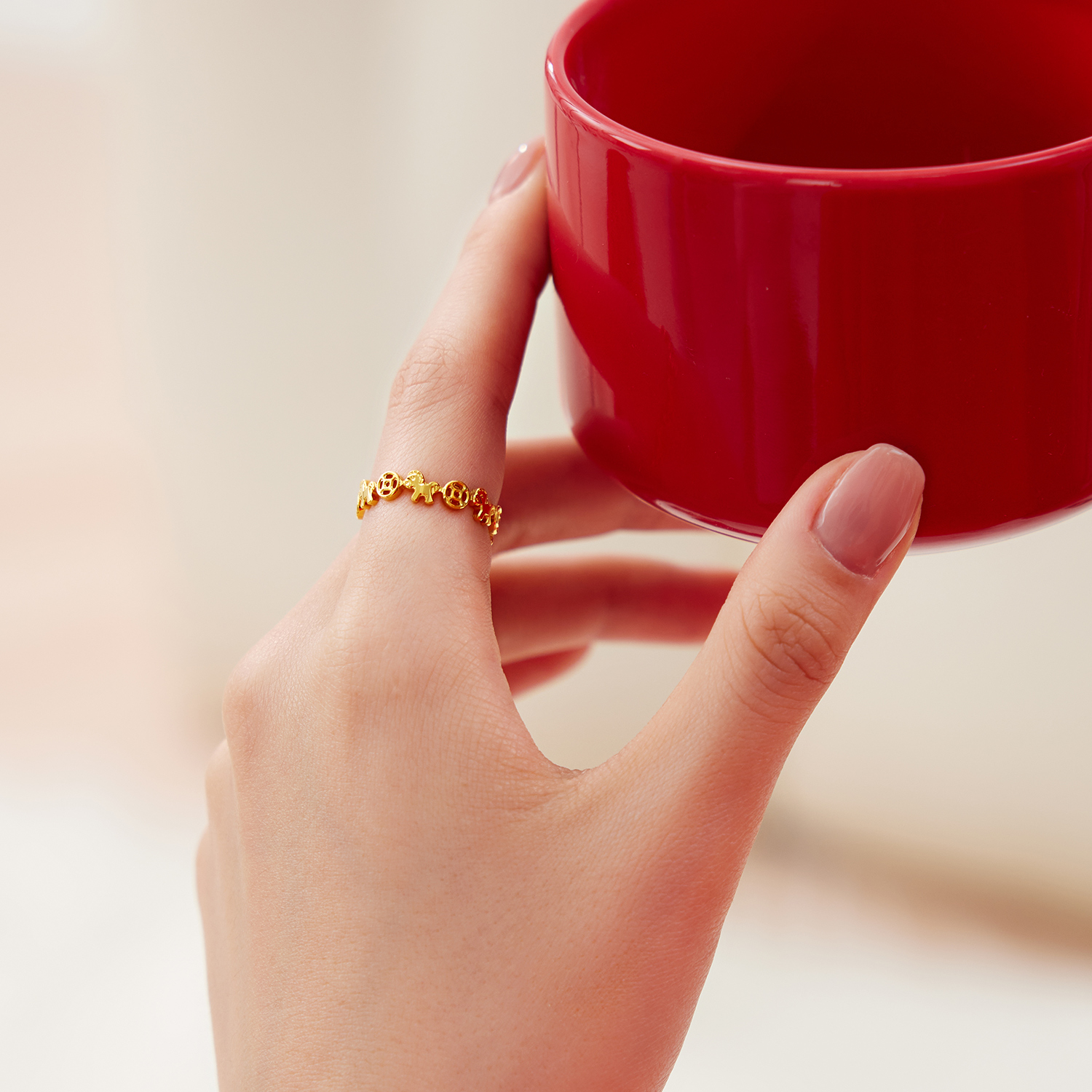 【店庆特惠】六福珠宝马上暴富铜钱纹黄金戒指女实心生肖马金饰计价F95G0003DS