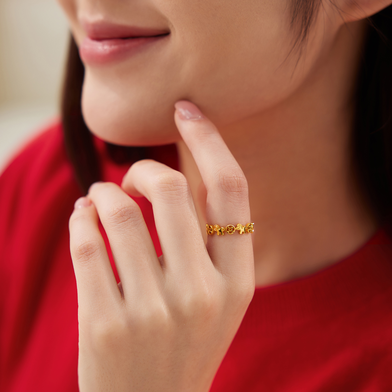 【店庆特惠】六福珠宝马上暴富铜钱纹黄金戒指女实心生肖马金饰计价F95G0003DS