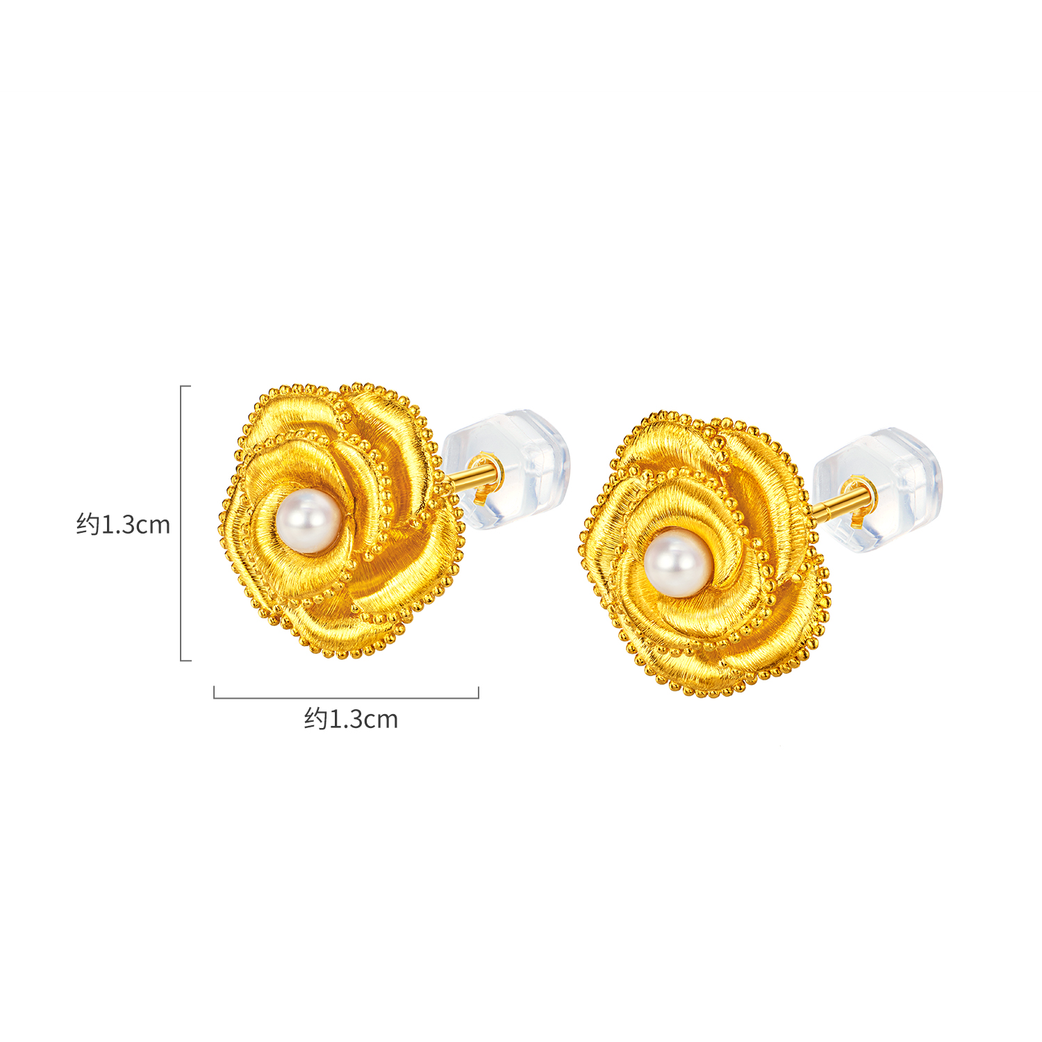 六福珠宝光影金山茶花黄金耳钉耳环手工拉丝珍珠耳饰计价036159ea【1V1直播看货】