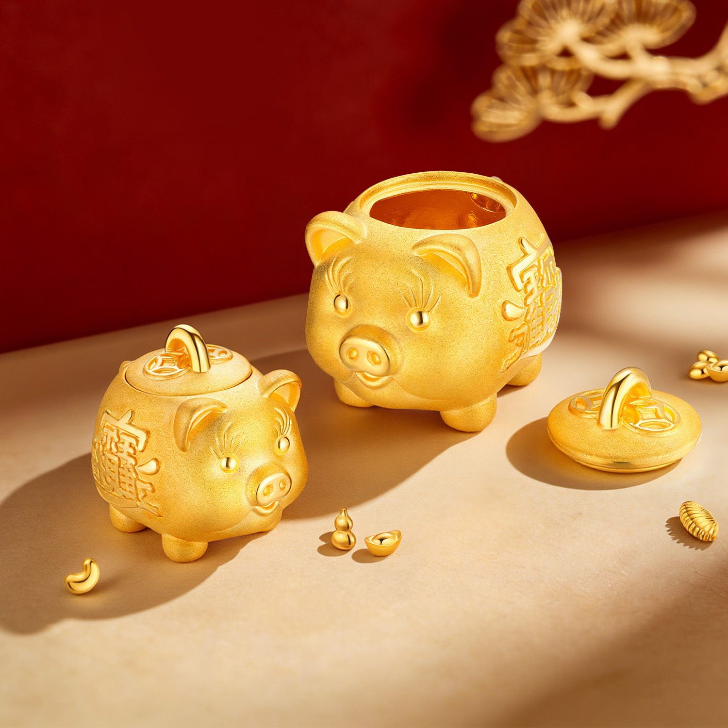 六福珠宝金猪存钱罐黄金摆件存金豆子纪念品送礼计价L11TBGA0001A