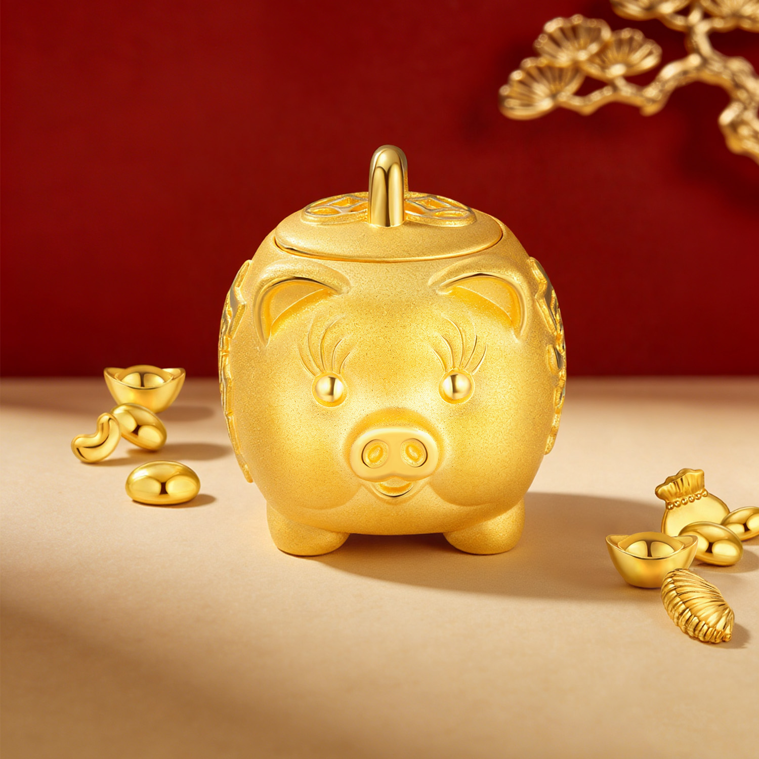 六福珠宝金猪存钱罐黄金摆件存金豆子纪念品送礼计价L11TBGA0001A
