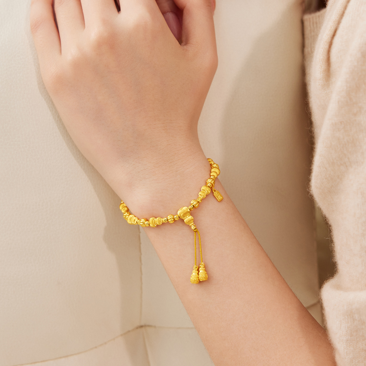 六福珠宝福满传家鎏光葫芦黄金手链手工拉丝手串珠计价G39G0038DS【1V1直播看货】