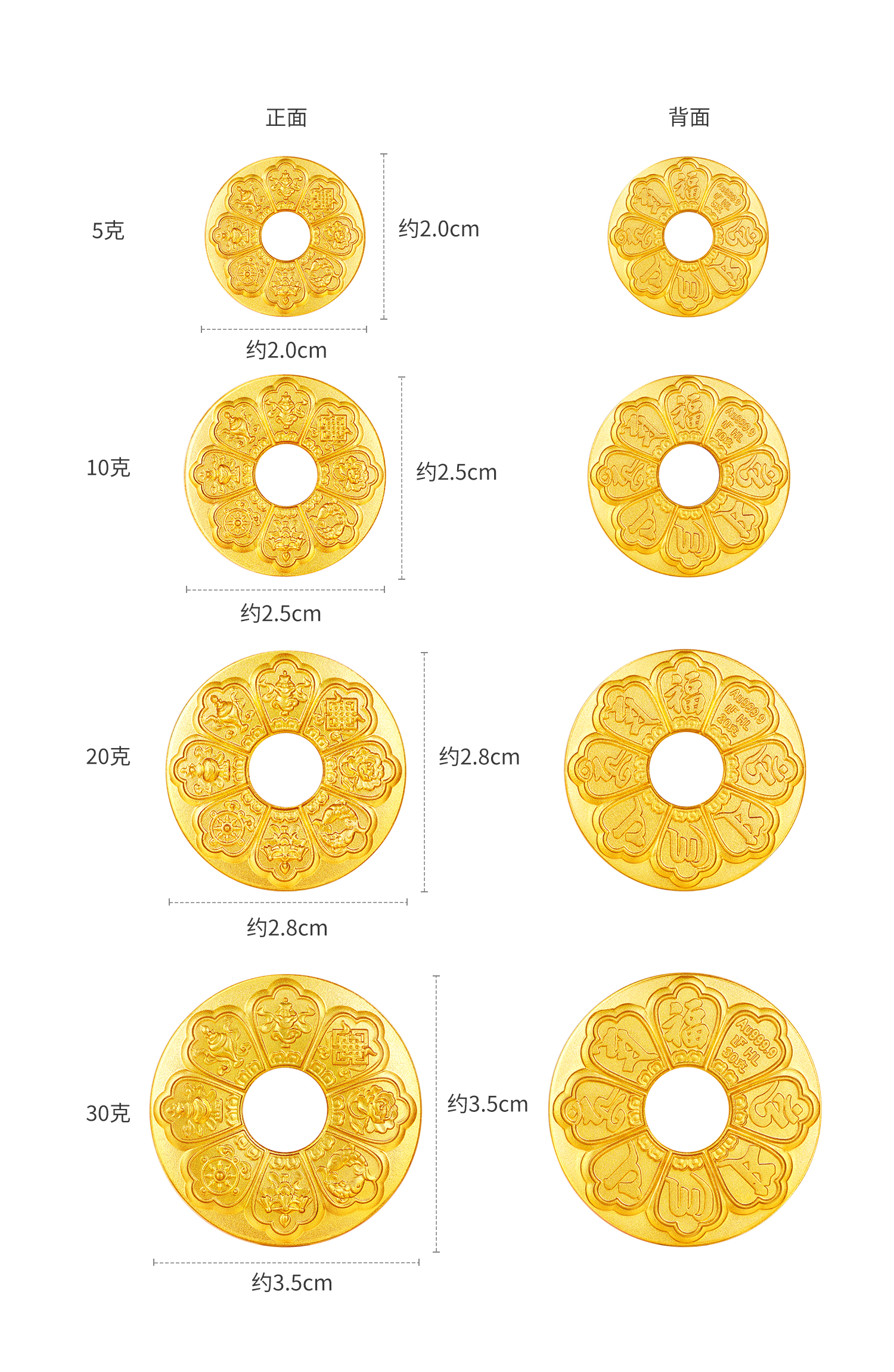 【1日上新】六福珠宝吉祥八宝平安扣黄金添富金币5g10g20g30g计价036597HA-5【不支持退货】