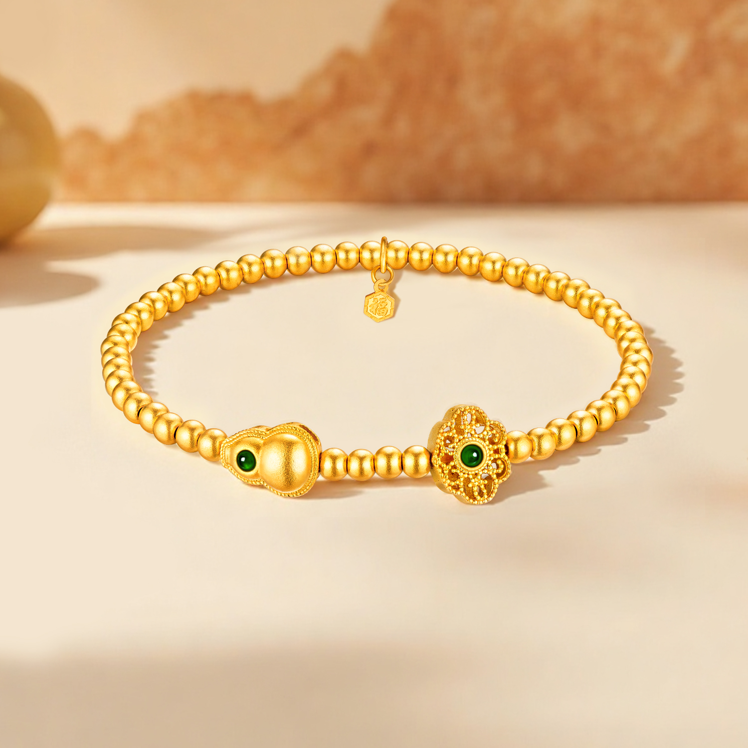 六福珠宝葫芦花丝黄金手链镶翡翠女足金珠子计价013596BA【视频看货】