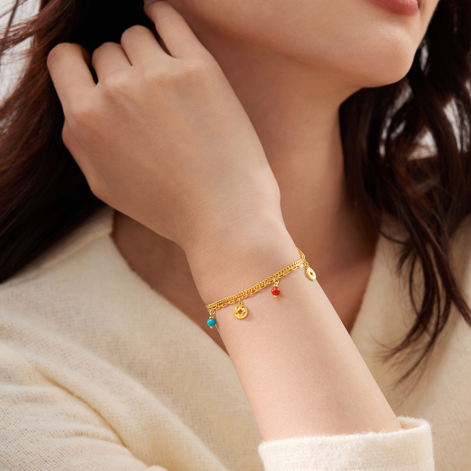 六福珠宝钱多多铜钱黄金手链女闪耀双层手链绿松石计价F63G0110DS【联系客服补货】【视频看货】