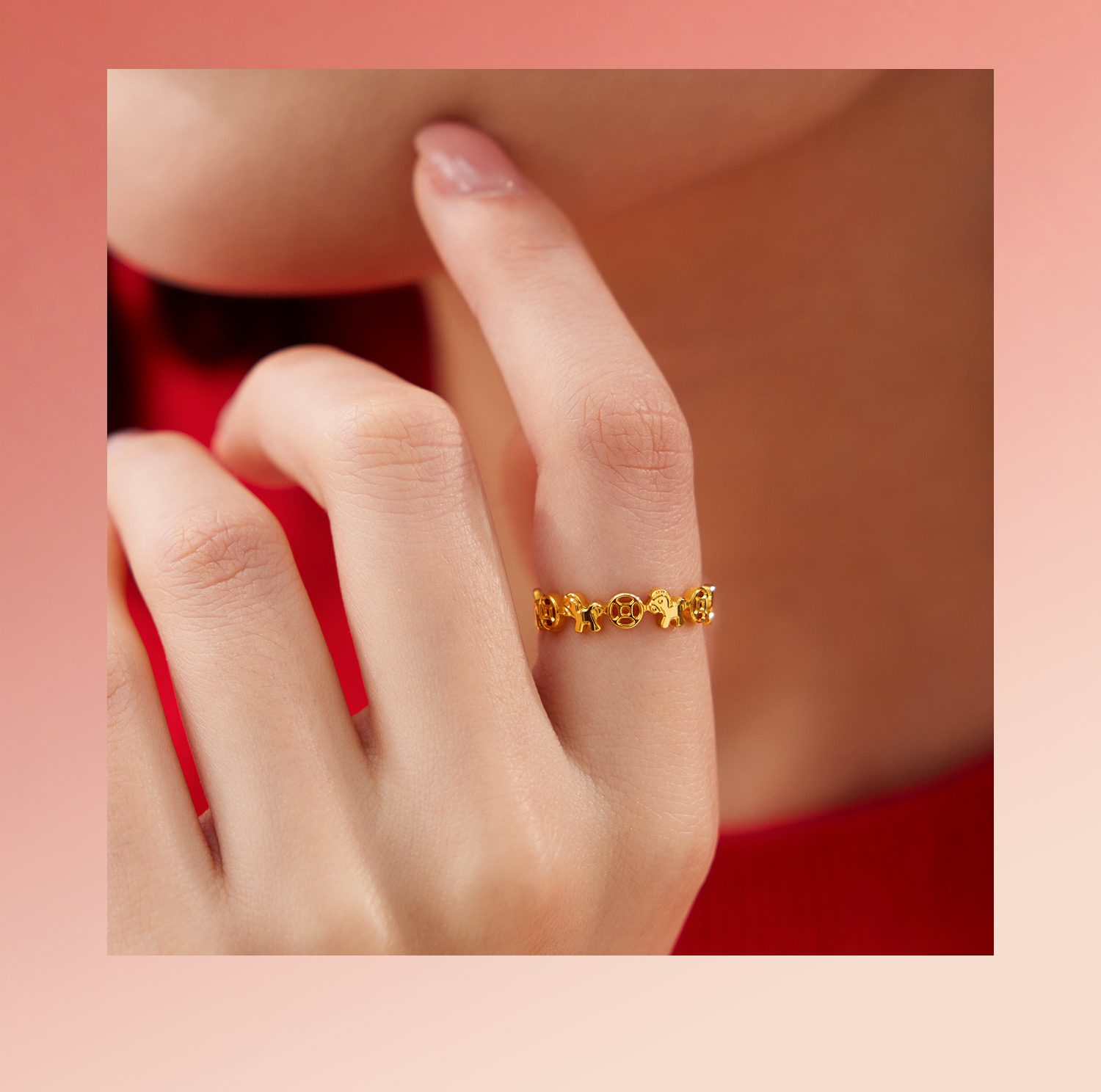 六福珠宝马上暴富铜钱纹黄金戒指女实心生肖马金饰计价F95G0003DS