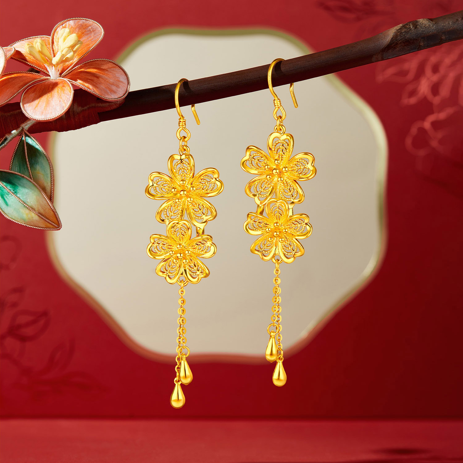 【20日上新】六福珠宝富贵花开黄金流苏耳环女款5D硬金婚嫁中式计价A03G0004DS新品324
