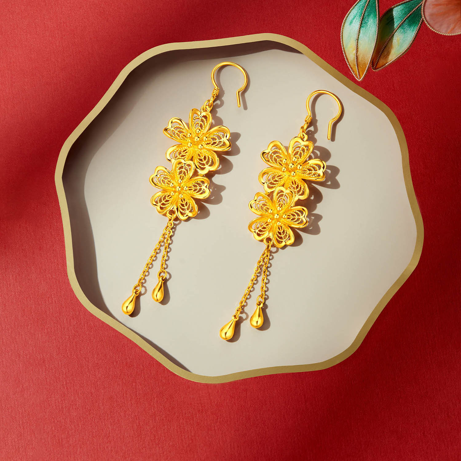 【20日上新】六福珠宝富贵花开黄金流苏耳环女款5D硬金婚嫁中式计价A03G0004DS新品324