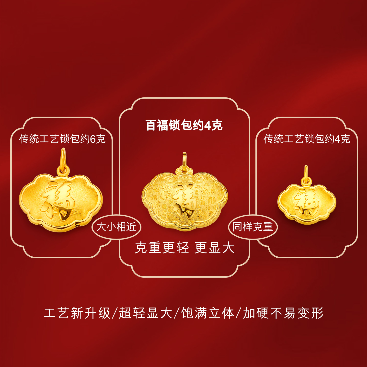 六福珠宝百福锁包黄金吊坠儿童宝宝足金锁包满月礼计价G16G0010DS