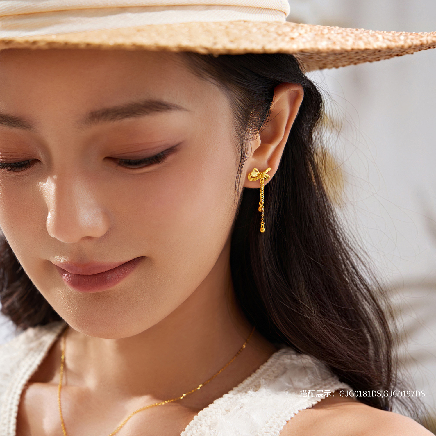 【店庆特惠】六福珠宝光影金蝴蝶结黄金耳钉流苏耳坠5G手工编织计价GJG0181DS