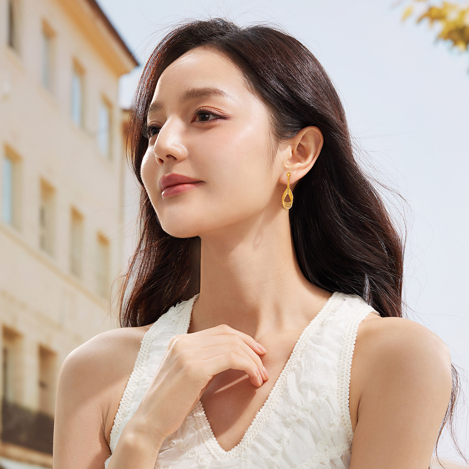 【店庆特惠】六福珠宝光影金幻影水滴黄金耳钉耳环足金耳坠耳饰计价GJG0200DS