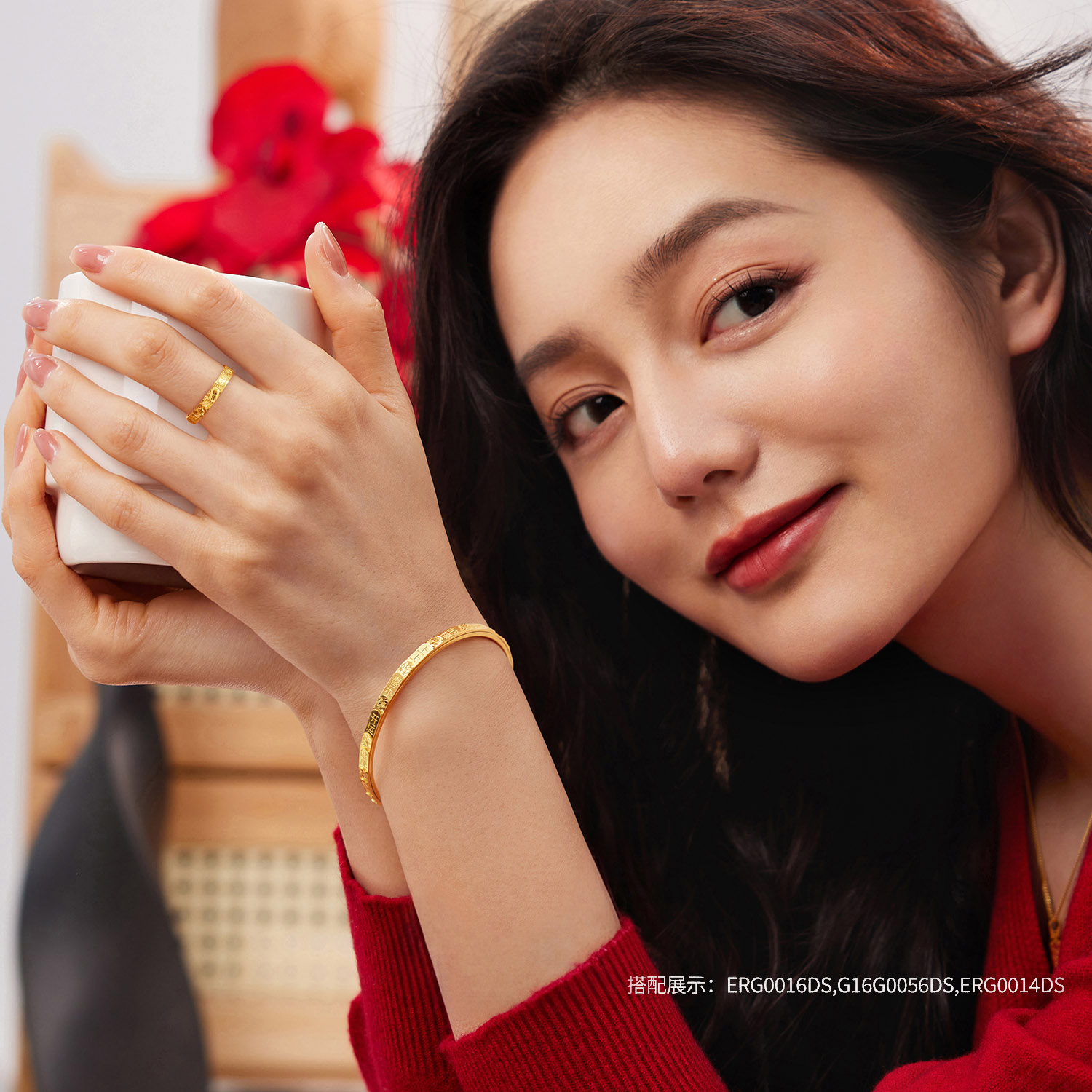 六福珠宝光影金转吉言黄金手镯女转动碎碎冰金镯子计价ERG0016DS母亲