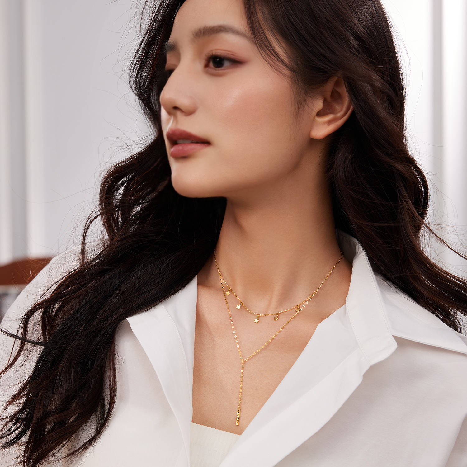 六福珠宝光影金璀璨星语黄金项链流苏星星双层Y字链计价GJG0219DS