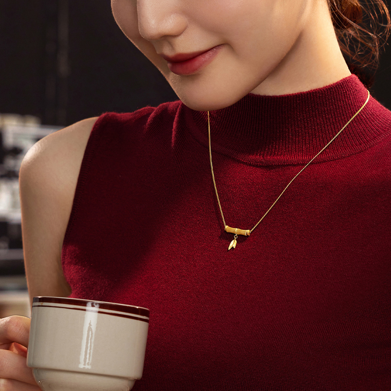 六福珠宝福满传家东方竹韵黄金项链手工拉丝足金竹节计价033808na