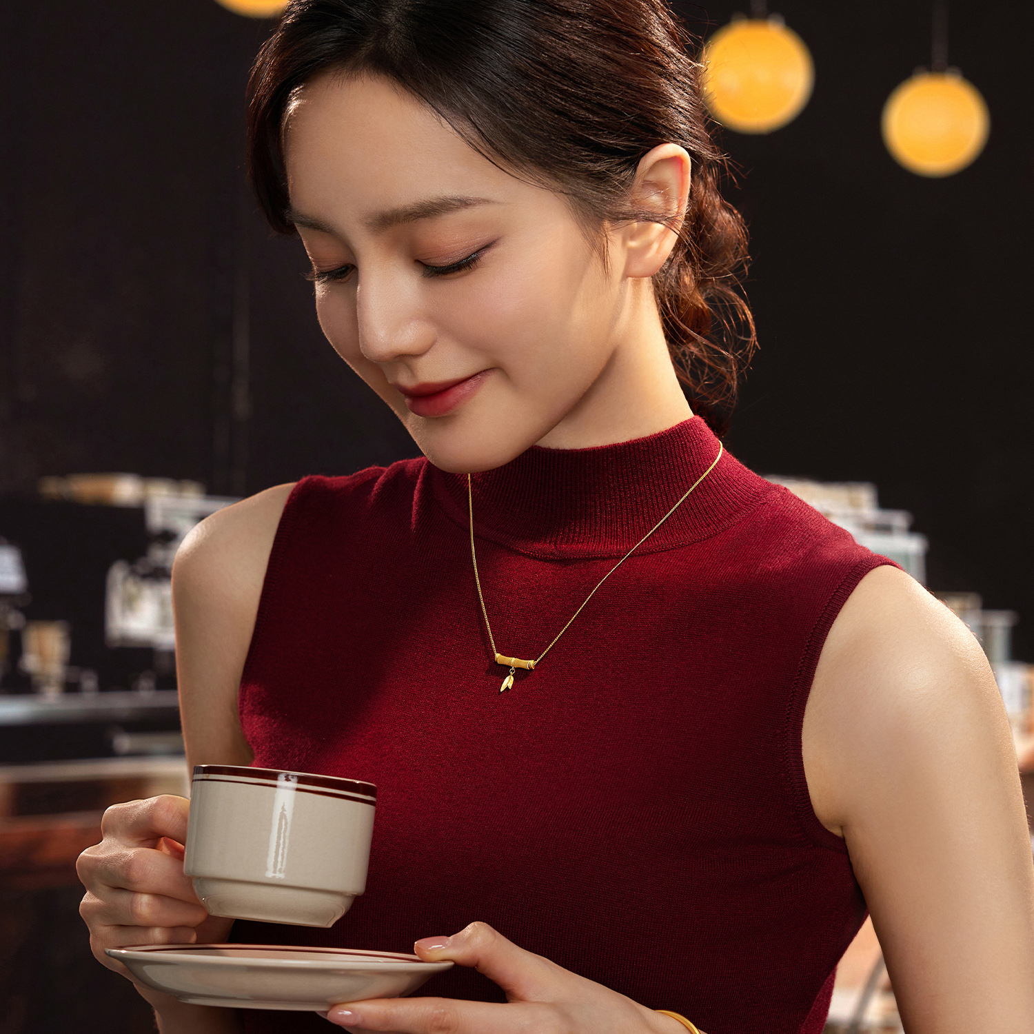 六福珠宝福满传家东方竹韵黄金项链手工拉丝足金竹节计价033808na