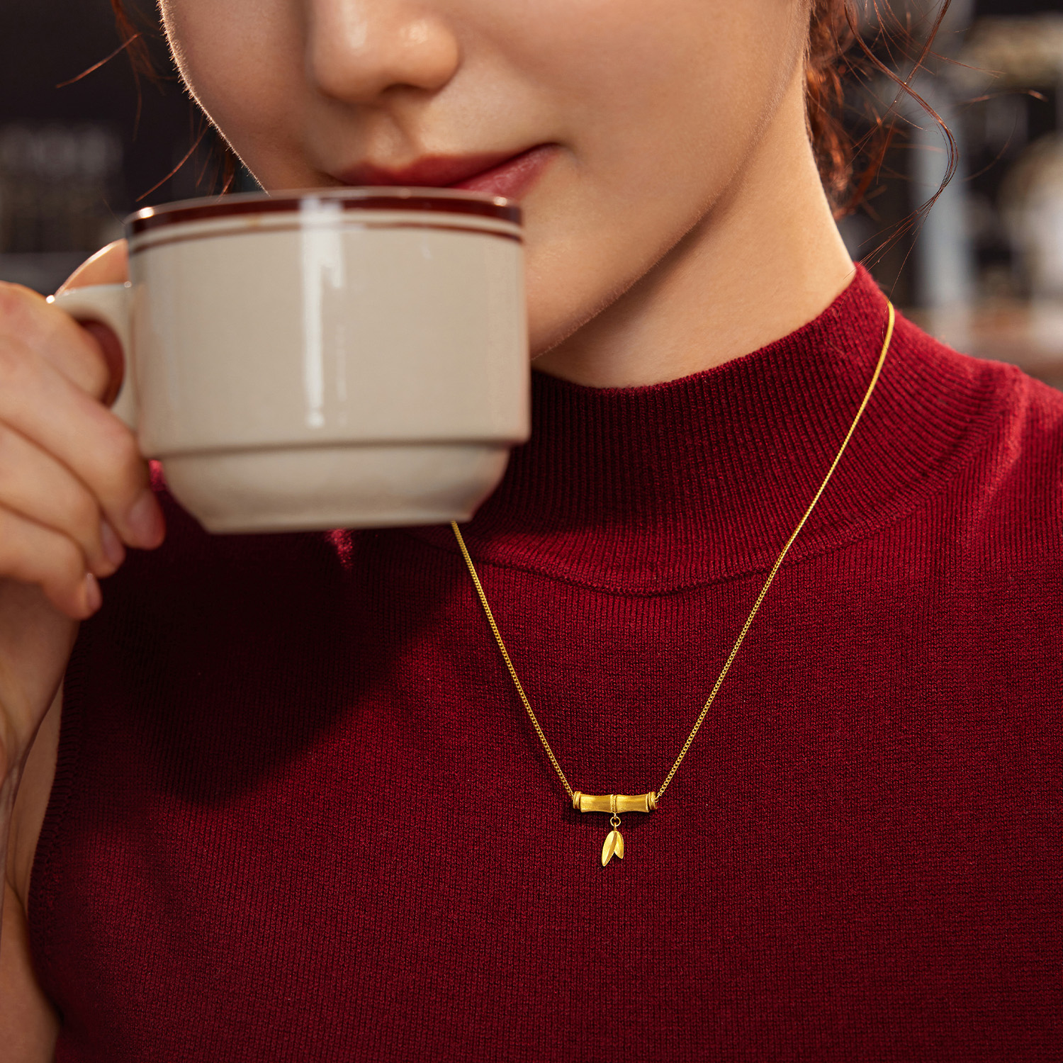 六福珠宝福满传家东方竹韵黄金项链手工拉丝足金竹节计价033808na