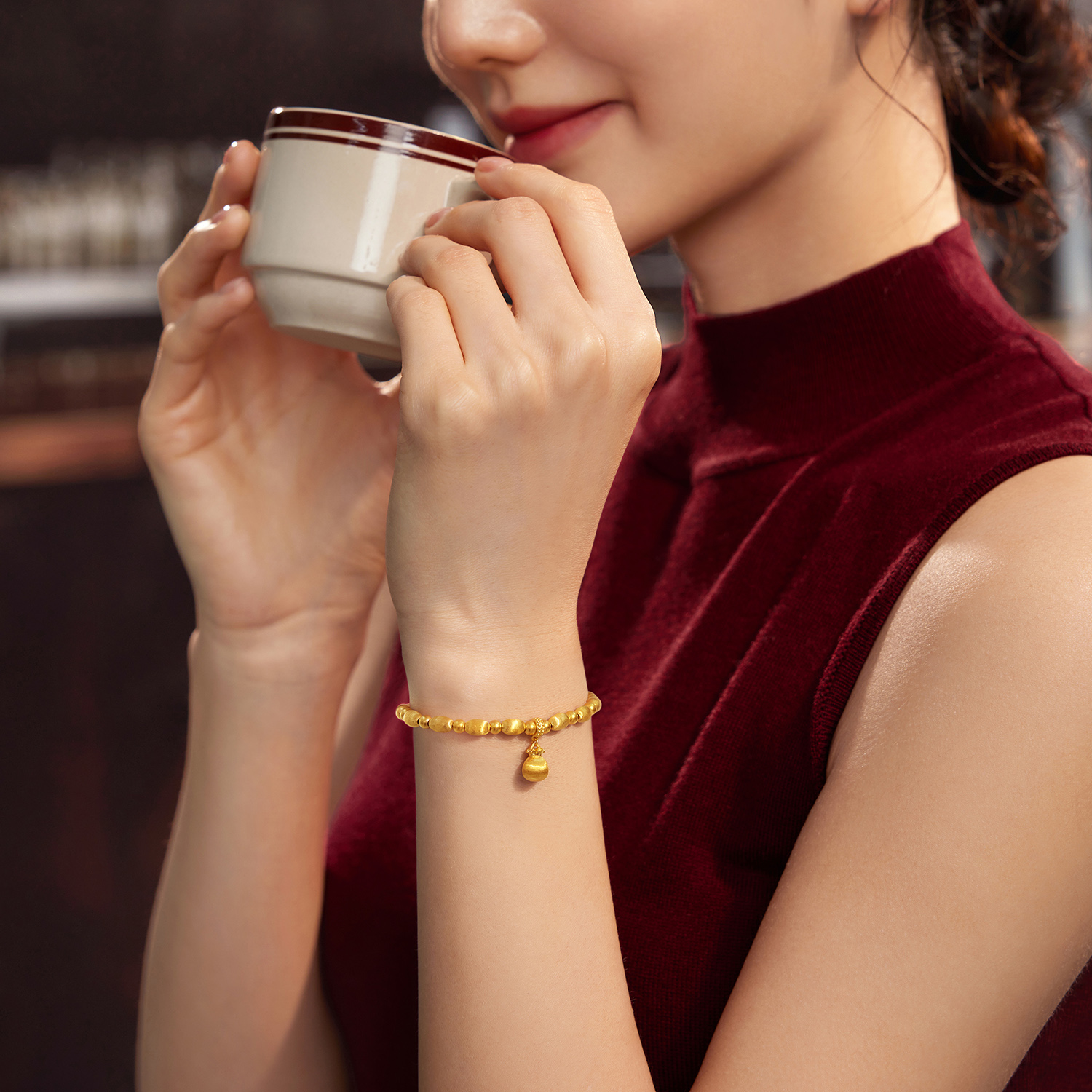 六福珠宝福袋黄金手链女5G丝绒金手工拉丝金珠手串计价L19G0005DS【1V1直播看货】