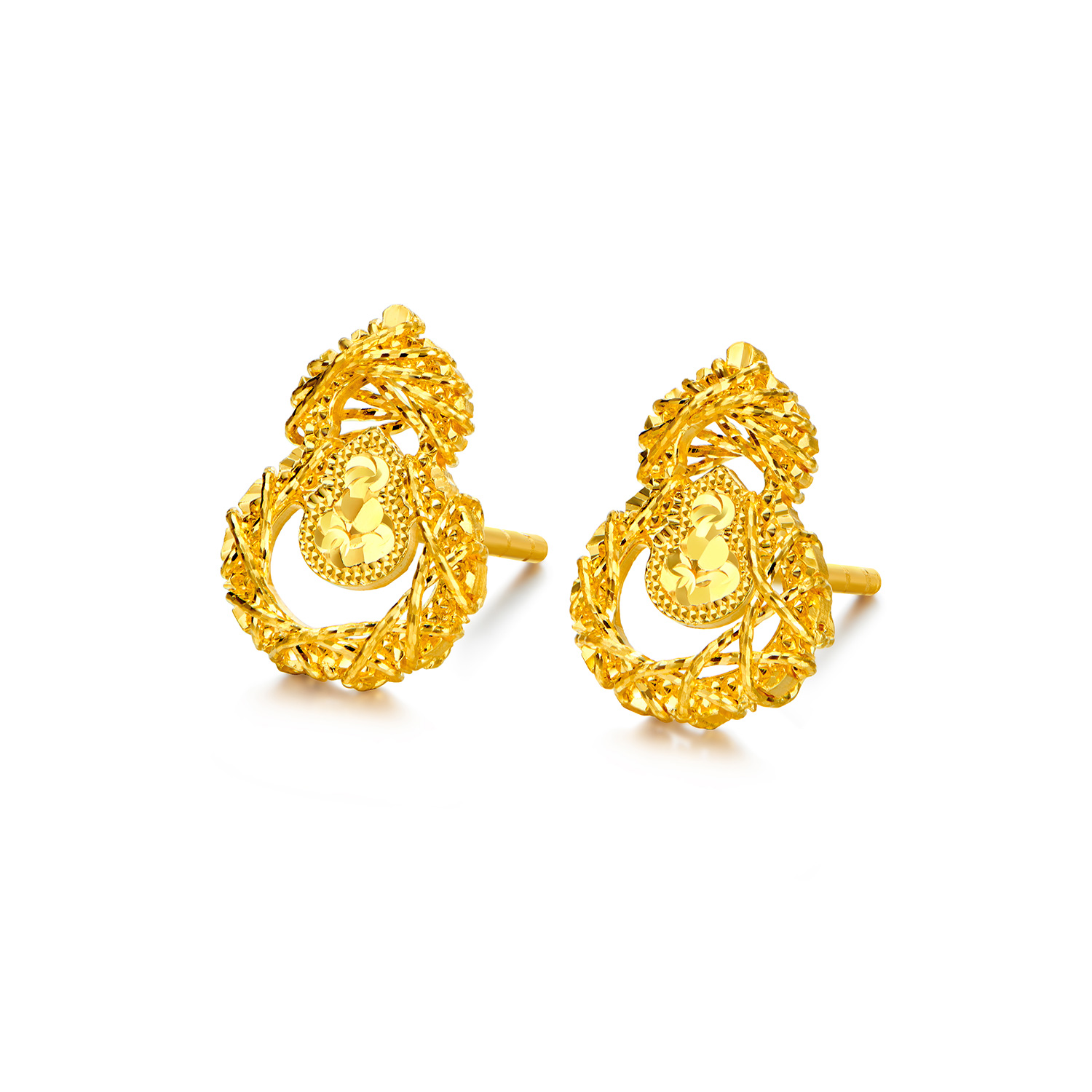 【3日上新】六福珠宝金丝碎碎冰葫芦黄金耳钉手工金线碎碎冰耳环女款计价G16G0067DS新品47