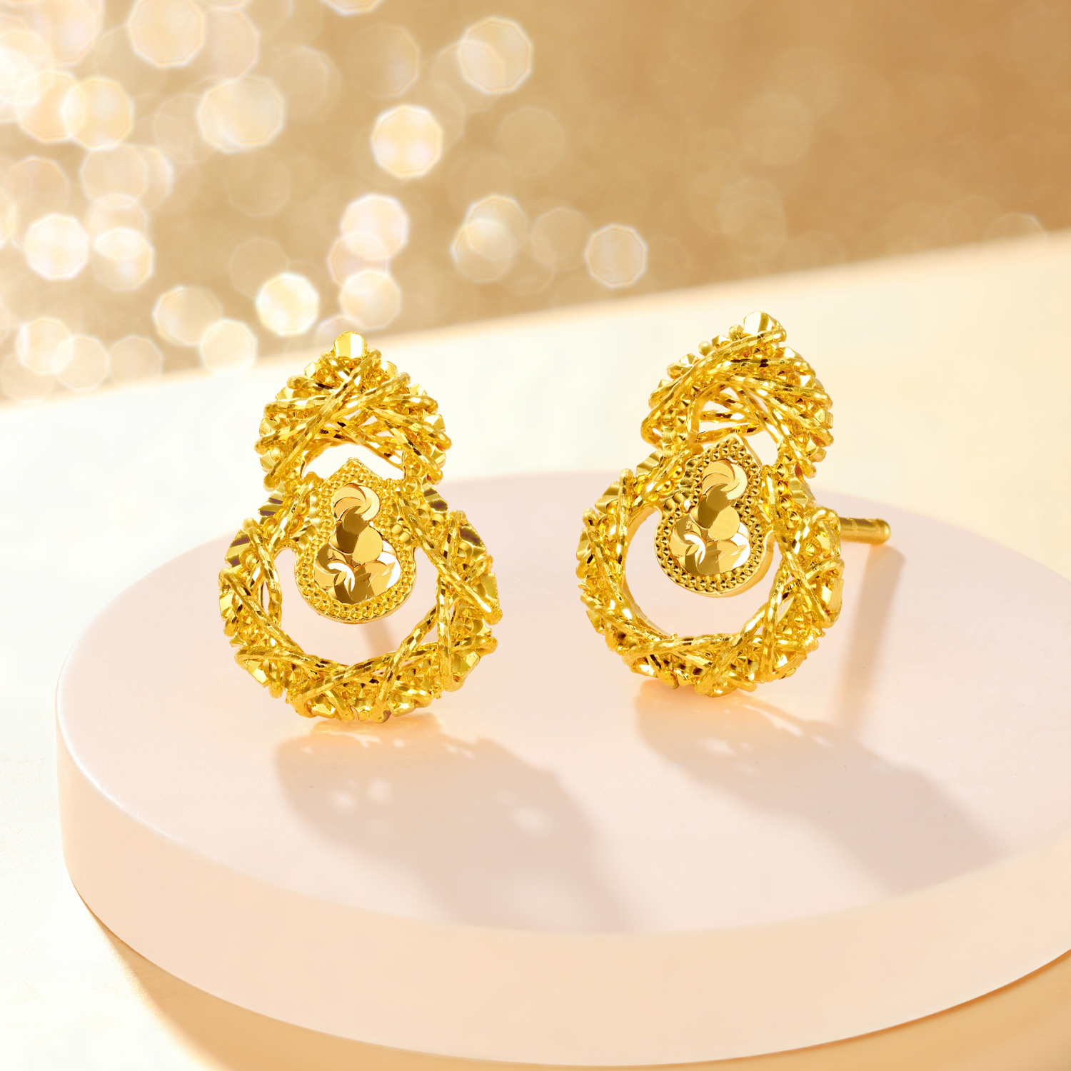 【3日上新】六福珠宝金丝碎碎冰葫芦黄金耳钉手工金线碎碎冰耳环女款计价G16G0067DS新品47