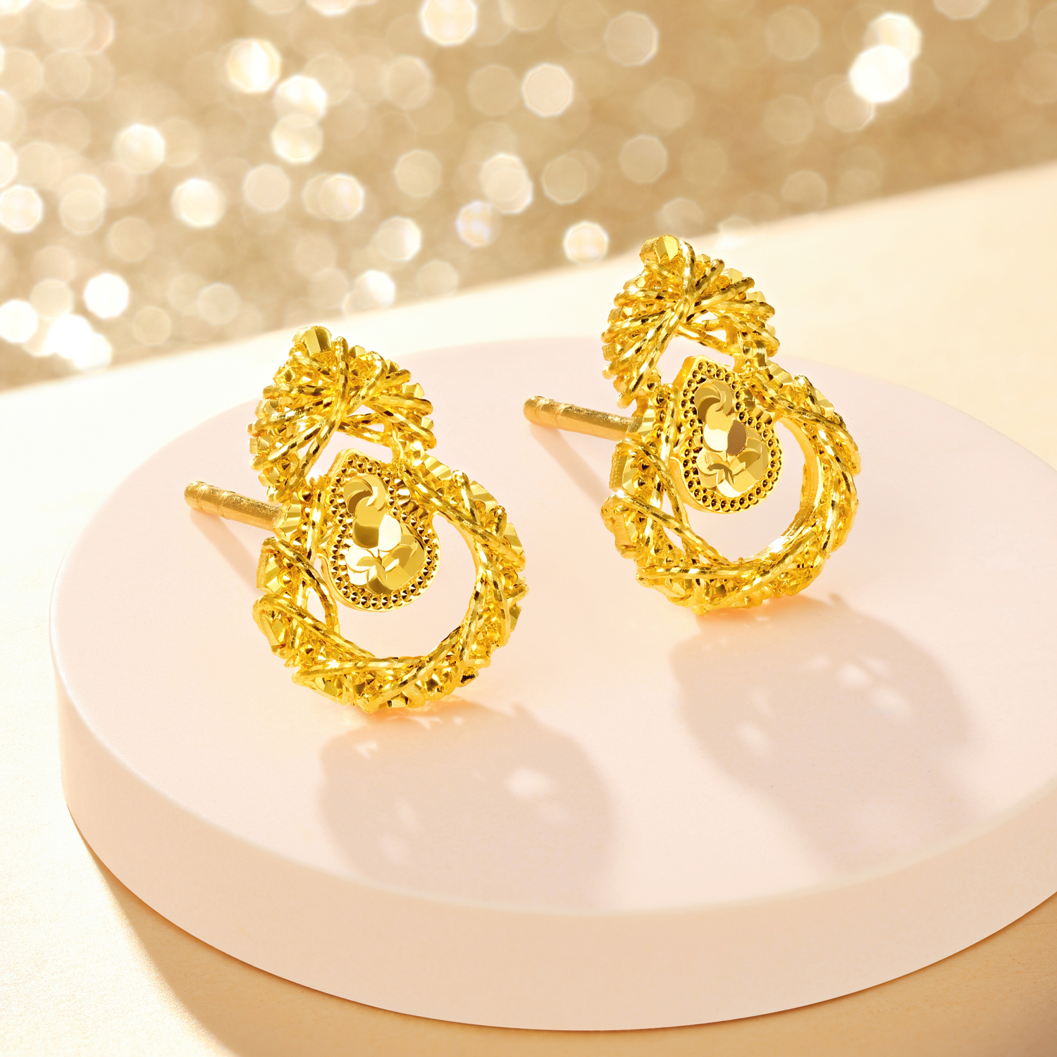 【3日上新】六福珠宝金丝碎碎冰葫芦黄金耳钉手工金线碎碎冰耳环女款计价G16G0067DS新品47