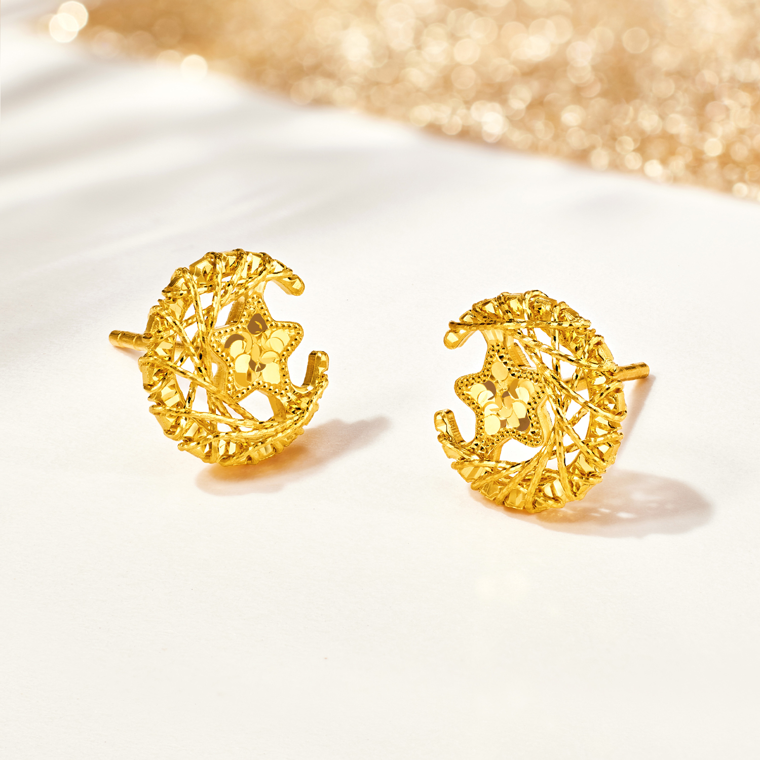 【3日上新】六福珠宝星月梦境黄金耳钉耳环手工编织碎碎冰耳饰计价G16G0068DS新品47