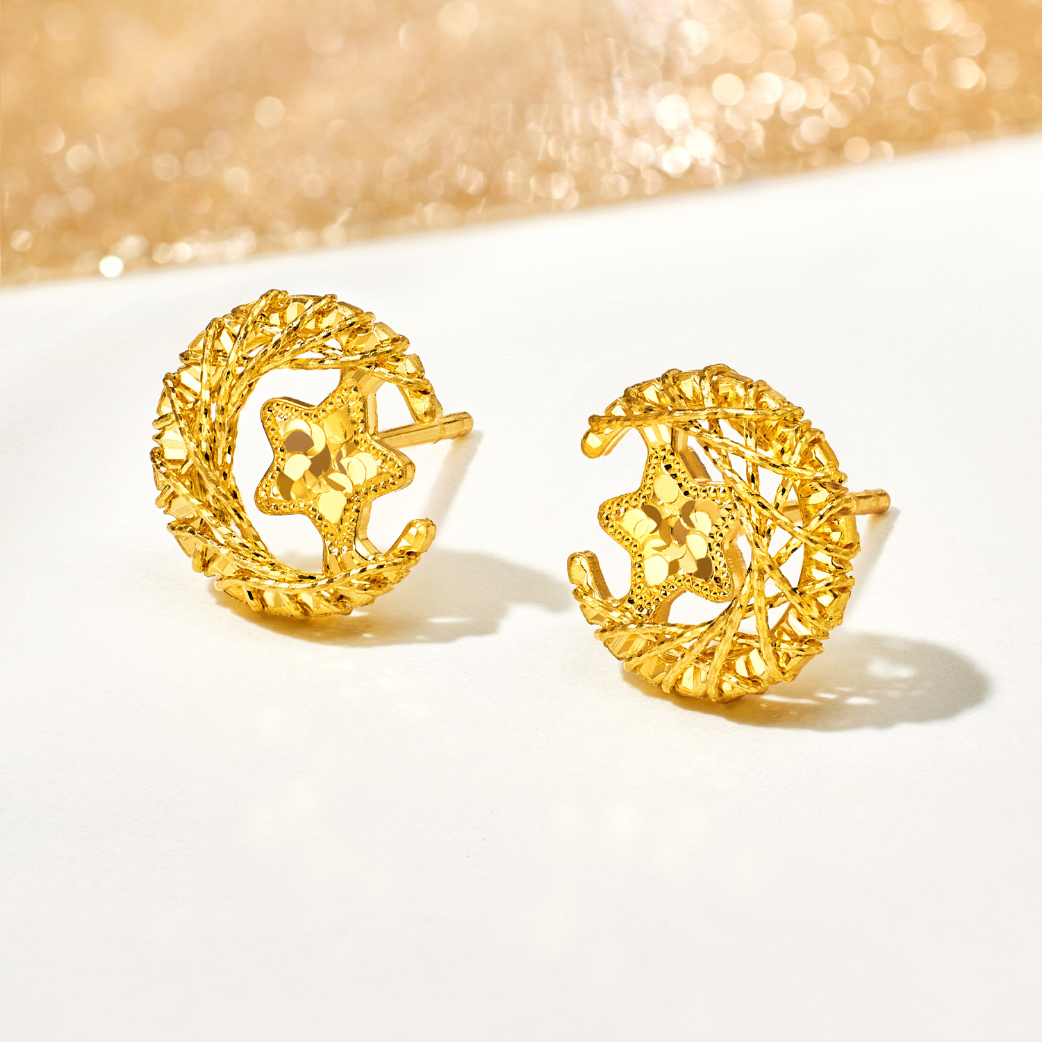 【3日上新】六福珠宝星月梦境黄金耳钉耳环手工编织碎碎冰耳饰计价G16G0068DS新品47