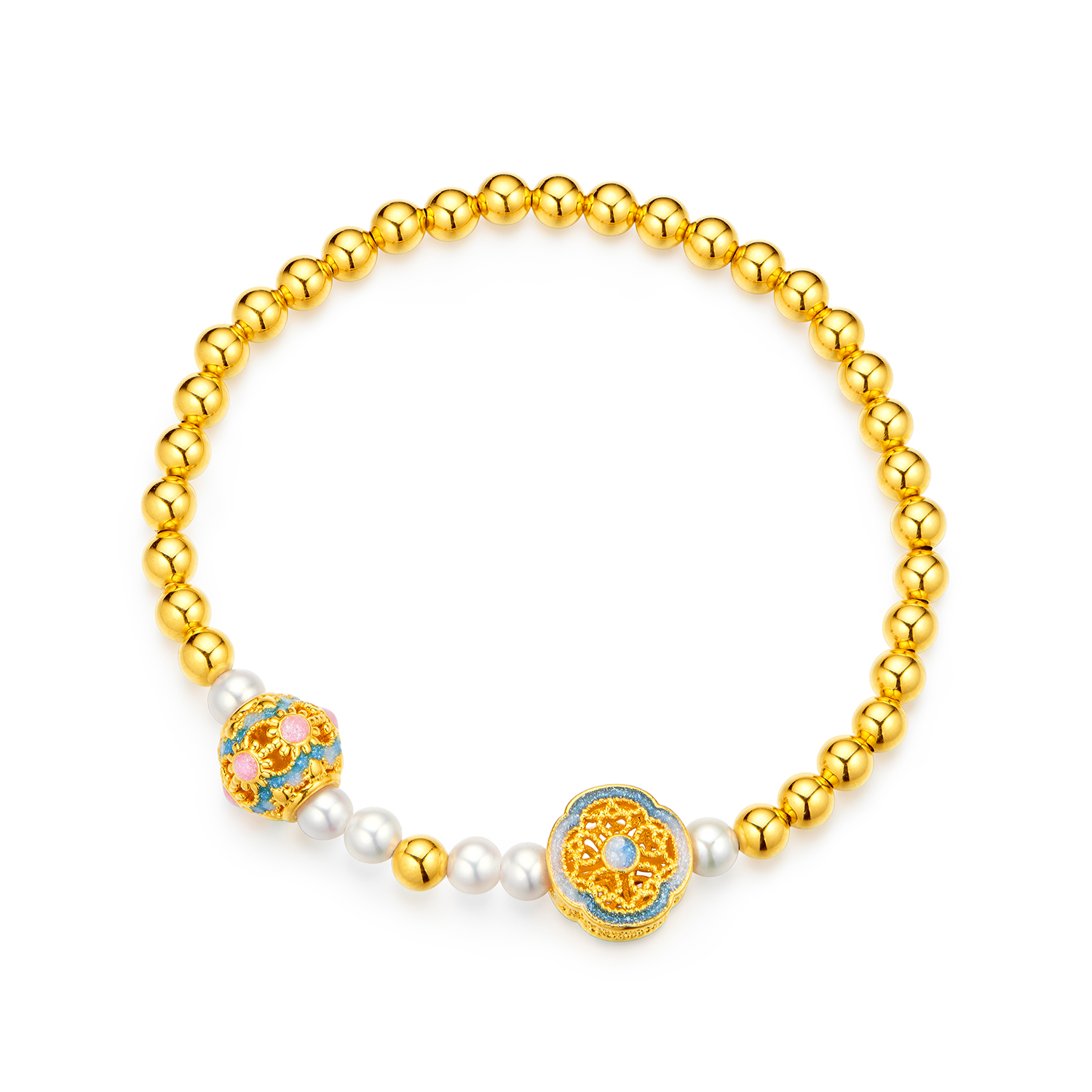 【15日上新】六福珠宝锦绣福珠黄金手链女鎏彩貔貅金绣球珍珠金手串GJA0100DS新品416