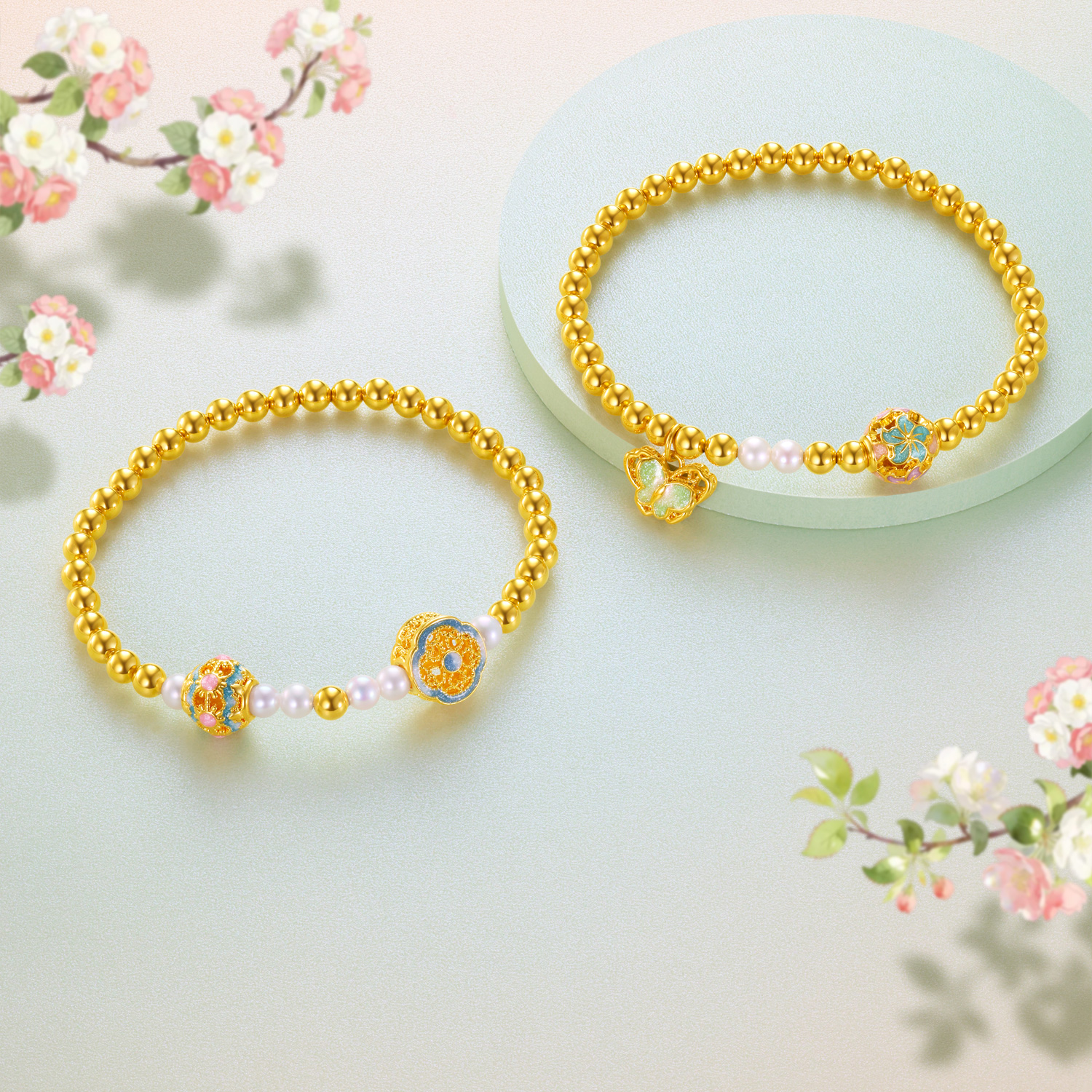 【15日上新】六福珠宝锦绣福珠黄金手链女鎏彩貔貅金绣球珍珠金手串GJA0100DS新品416