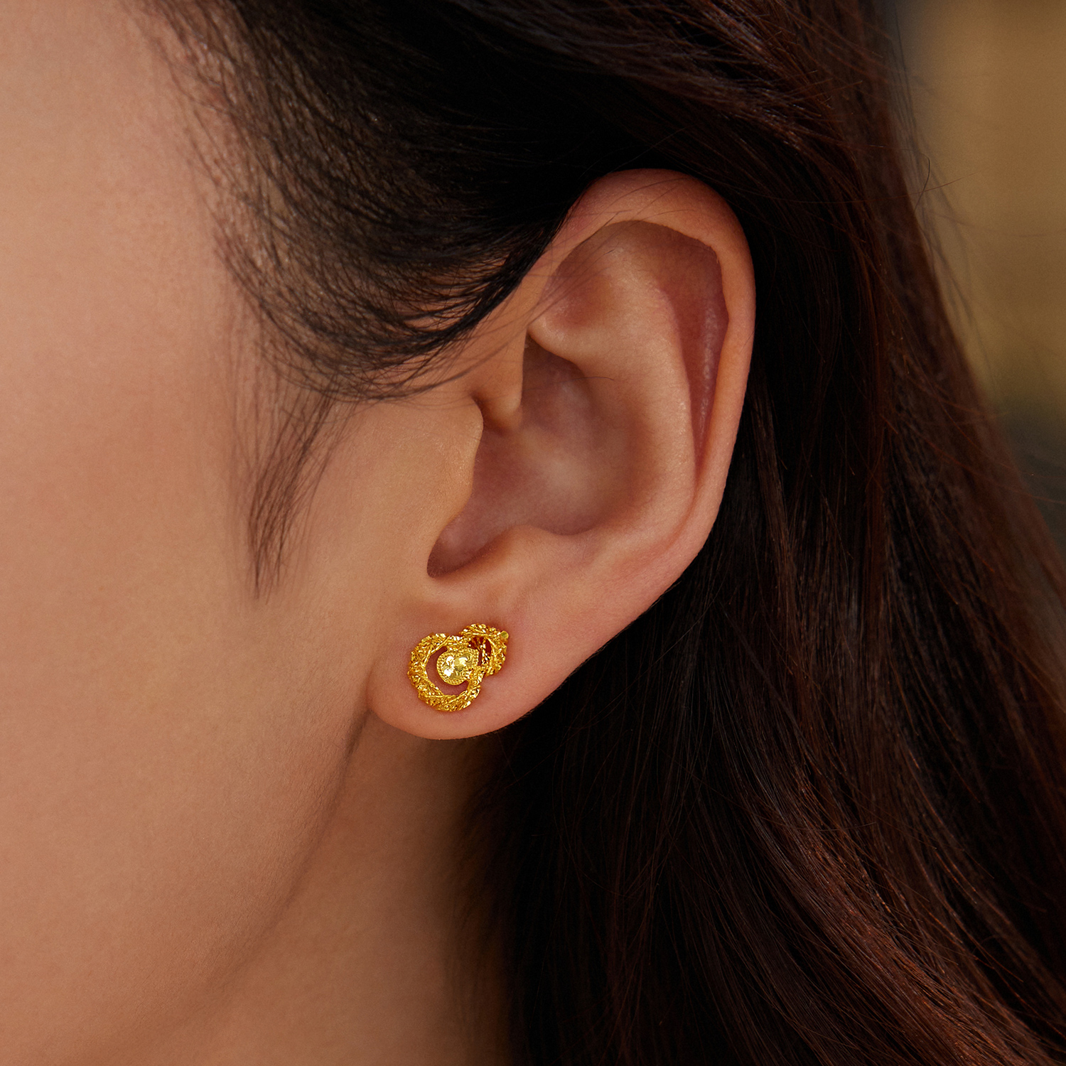 【3日上新】六福珠宝金丝碎碎冰葫芦黄金耳钉手工金线碎碎冰耳环女款计价G16G0067DS新品47