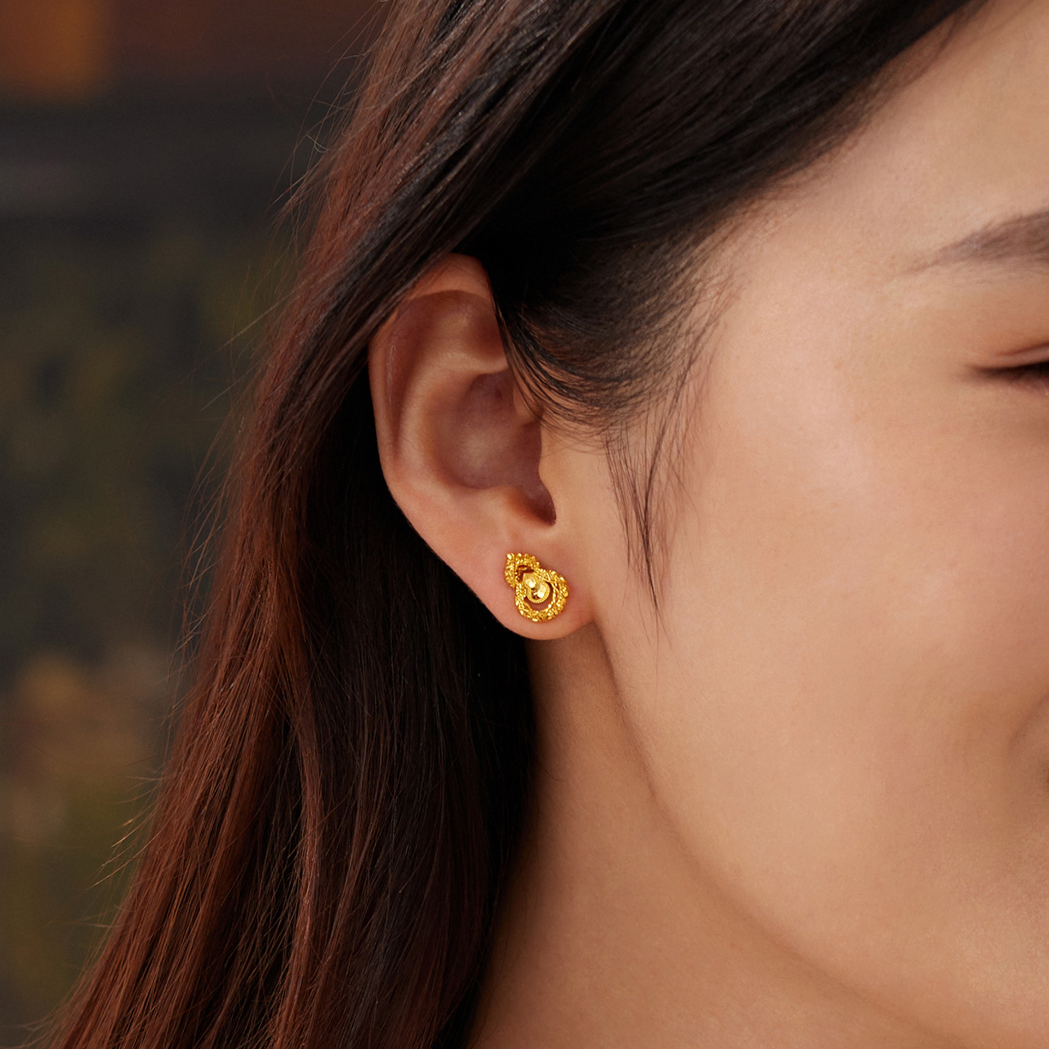 【3日上新】六福珠宝金丝碎碎冰葫芦黄金耳钉手工金线碎碎冰耳环女款计价G16G0067DS新品47