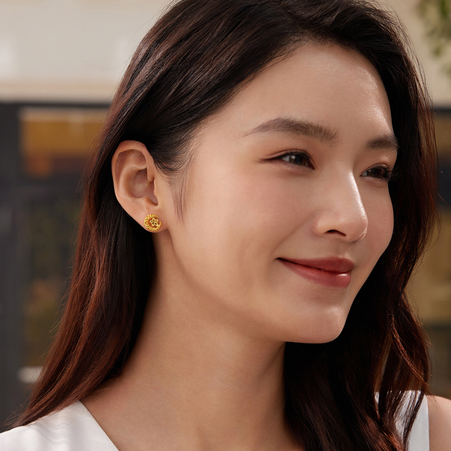 【3日上新】六福珠宝星月梦境黄金耳钉耳环手工编织碎碎冰耳饰计价G16G0068DS新品47