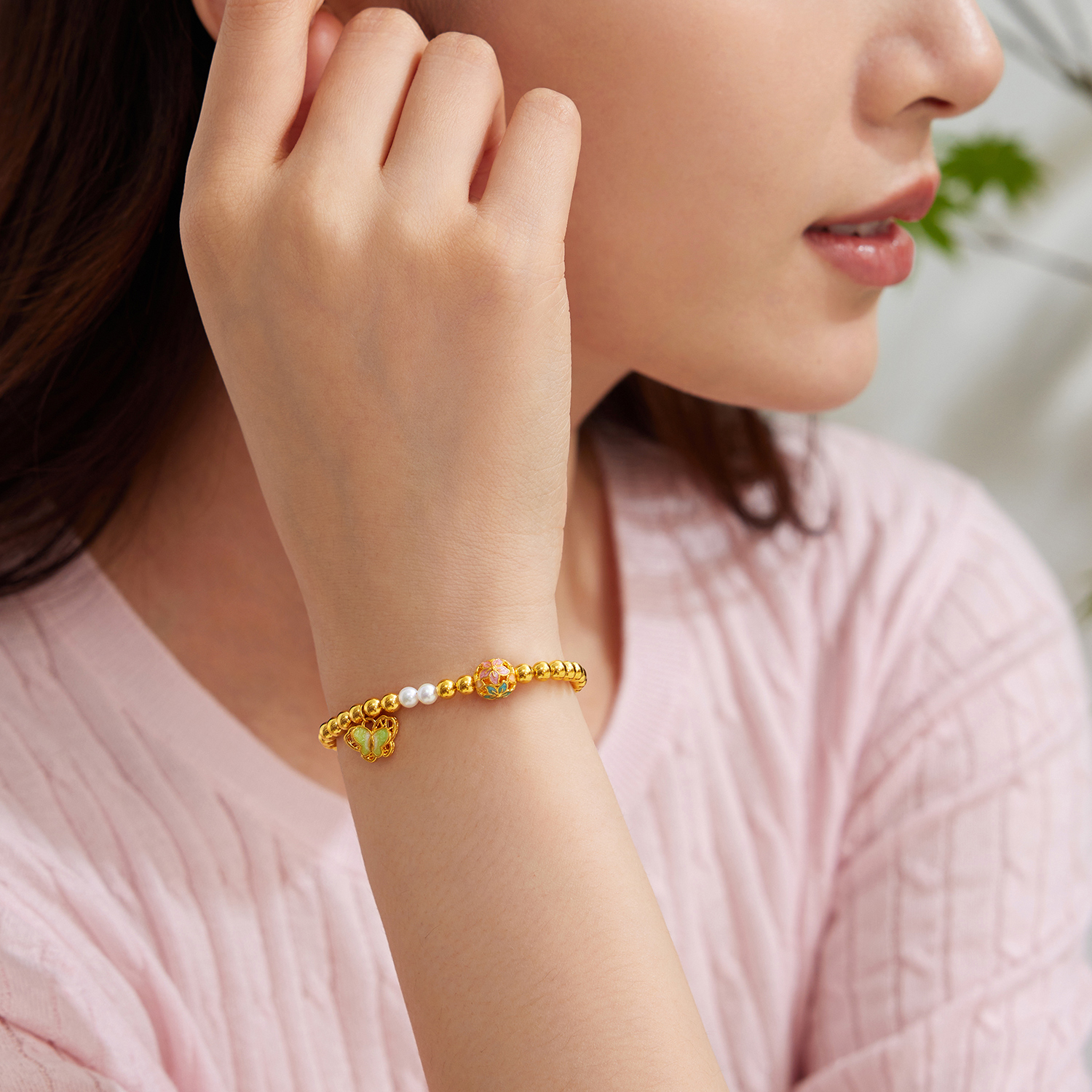 【15日上新】六福珠宝锦绣福珠黄金手链女鎏彩貔貅金绣球珍珠金手串GJA0100DS新品416