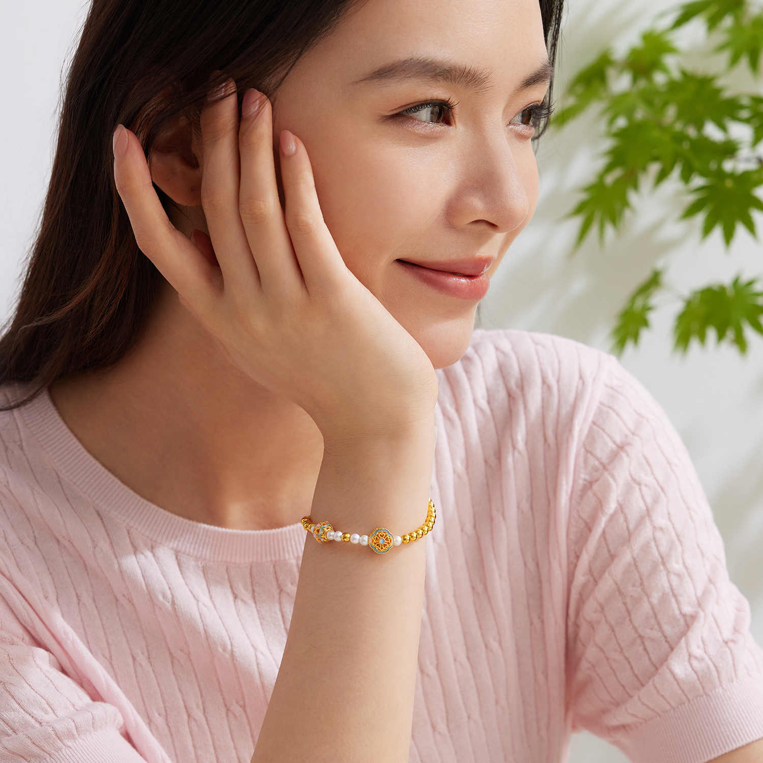 【15日上新】六福珠宝锦绣福珠黄金手链女鎏彩貔貅金绣球珍珠金手串GJA0100DS新品416