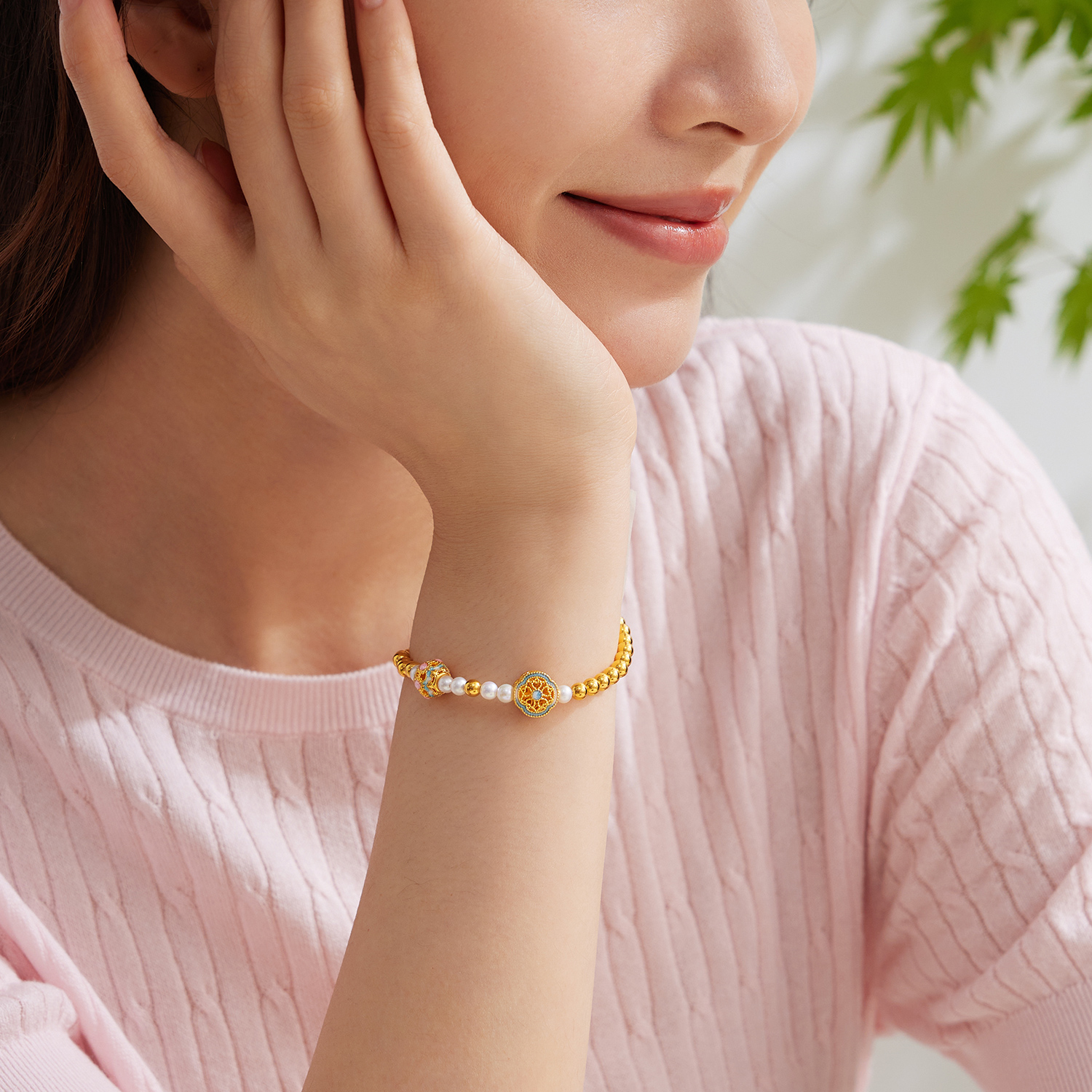 【15日上新】六福珠宝锦绣福珠黄金手链女鎏彩貔貅金绣球珍珠金手串GJA0100DS新品416