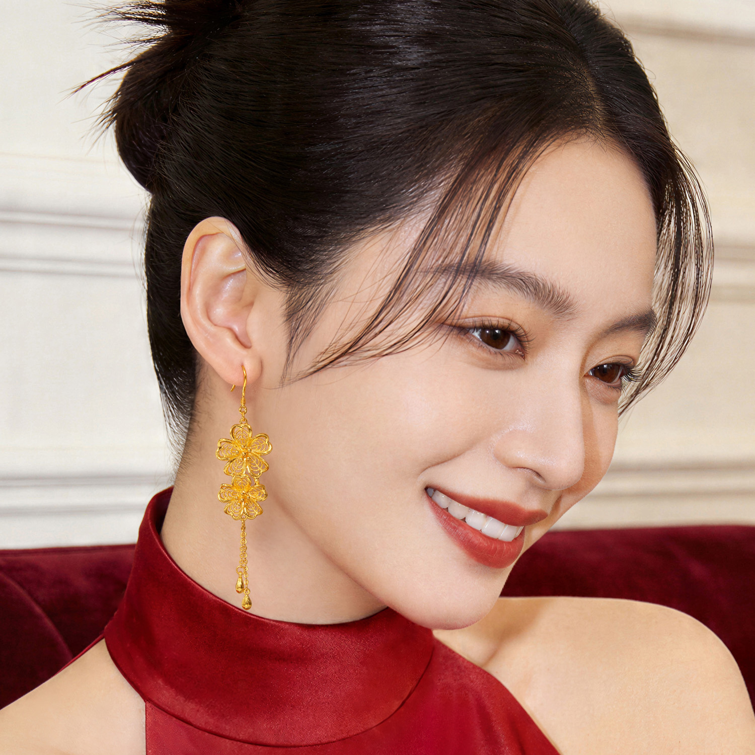 六福珠宝富贵花开黄金耳环女款流苏耳坠耳饰婚嫁礼计价A03G0004DS新品324