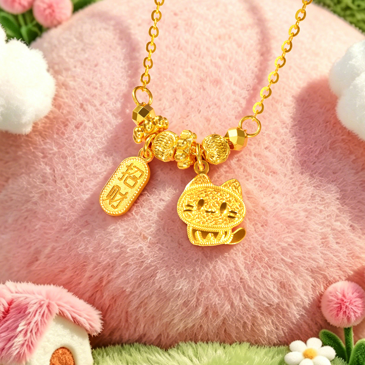 六福珠宝光影金吉财猫猫黄金项链女款5G足金小吊坠计价GJG0248DS猫1