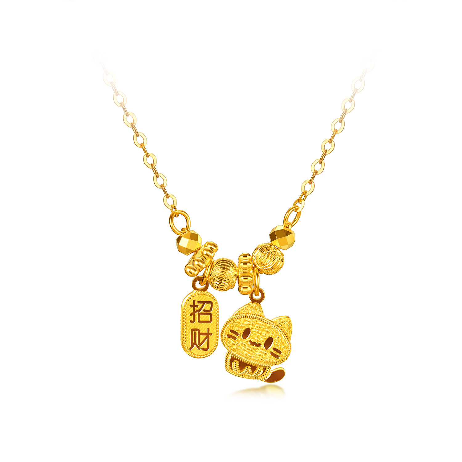 六福珠宝光影金吉财猫猫黄金项链女款5G足金小吊坠计价GJG0248DS猫1