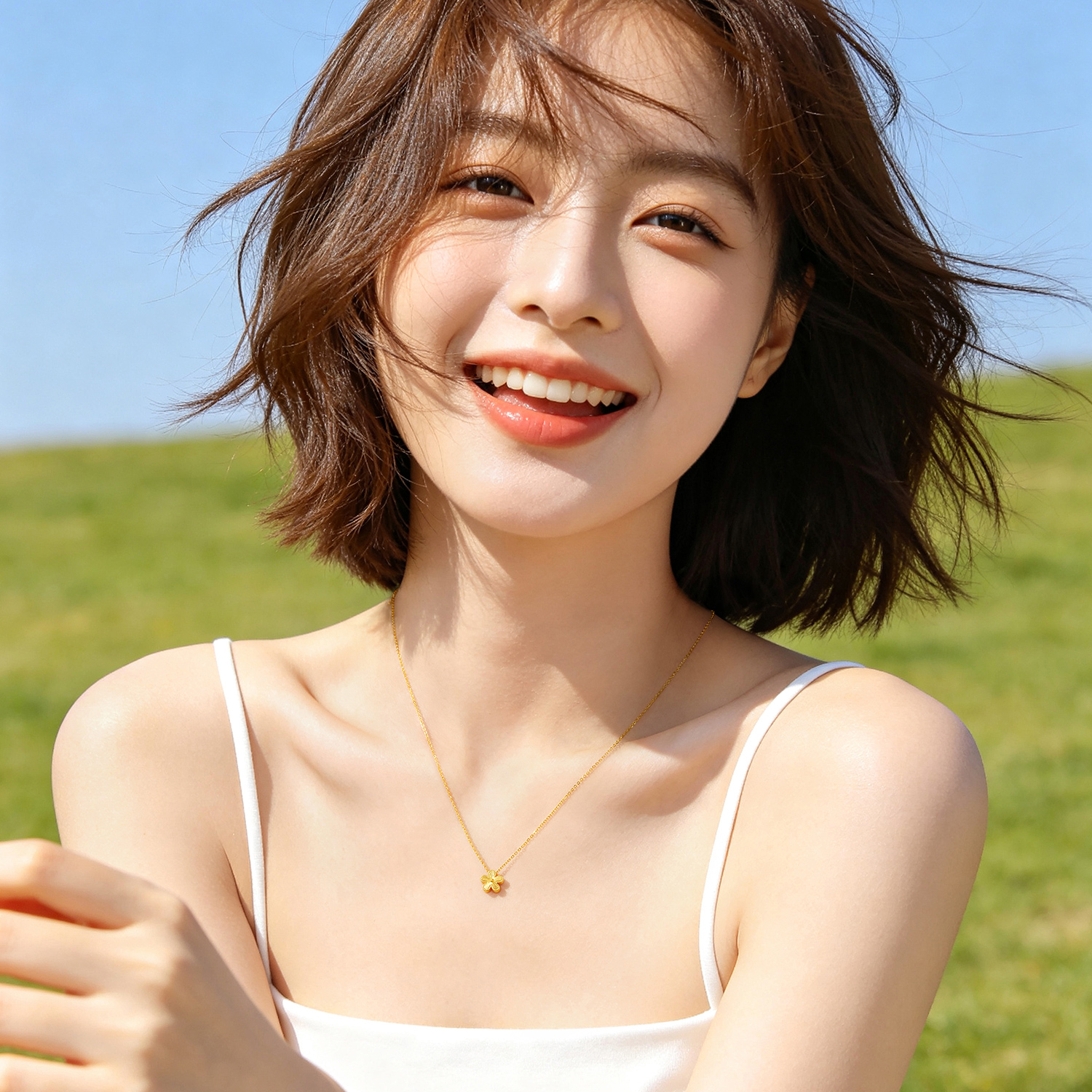 六福珠宝光影金小桃花黄金项链女款闪耀5G足金首饰计价GJG0252DS