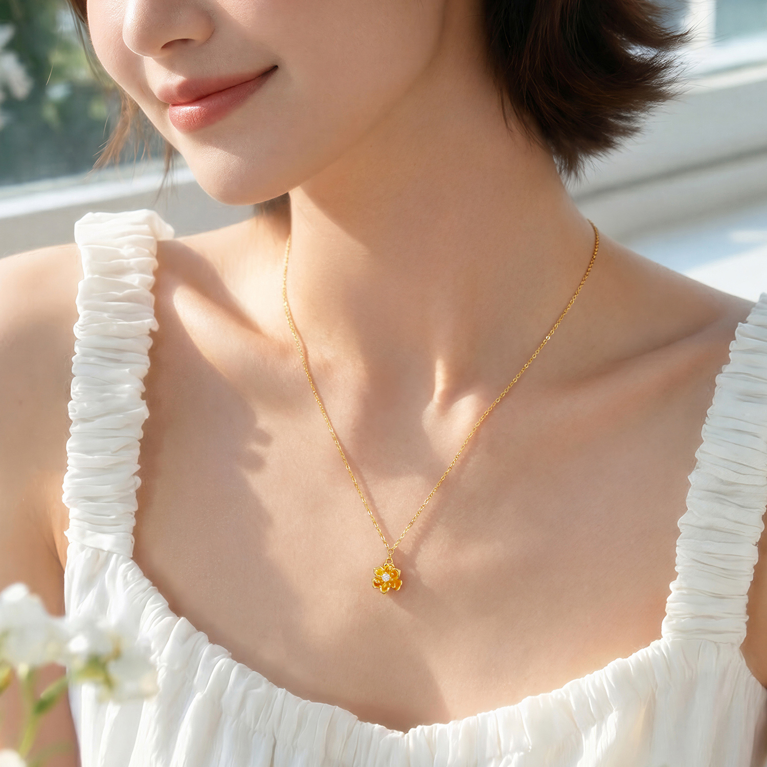 【14日上新】六福珠宝落樱黄金项链樱花足金镶钻石套链女款G01A0003DS晚枫1