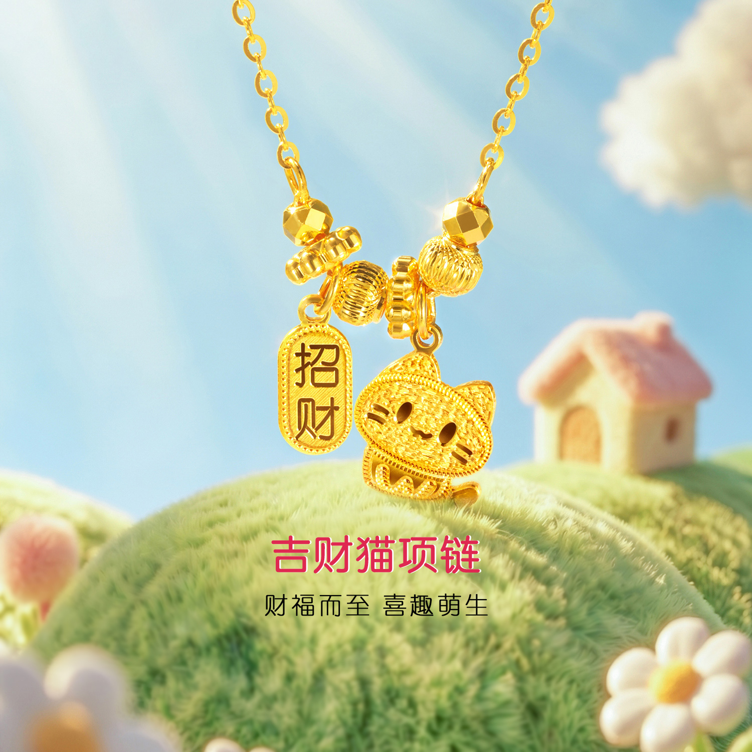 六福珠宝光影金吉财猫猫黄金项链女款5G足金小吊坠计价GJG0248DS猫1