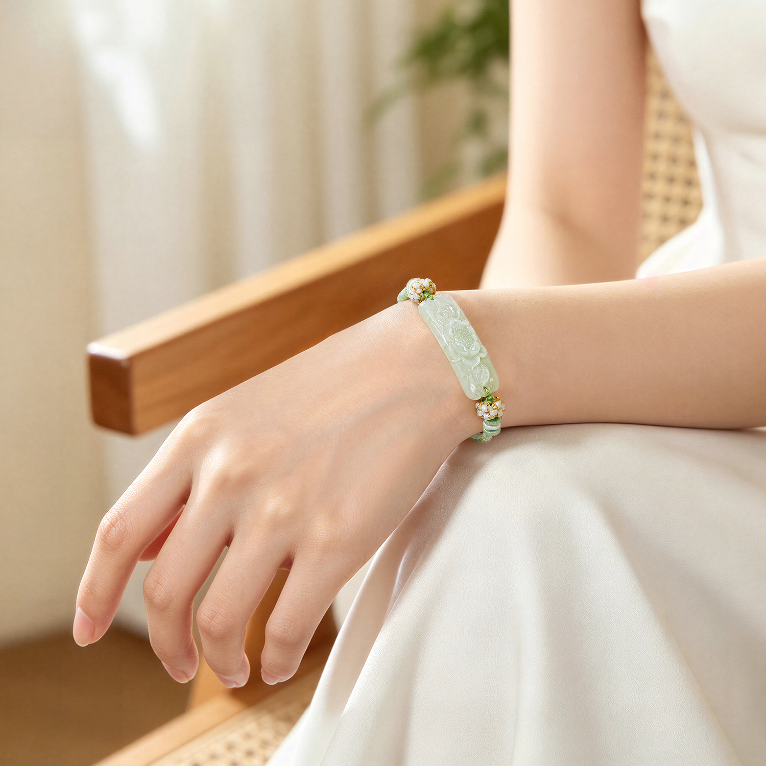六福珠宝莲花翡翠手链手牌女款日常翡翠玉石手绳编织首饰J2P0005新品324