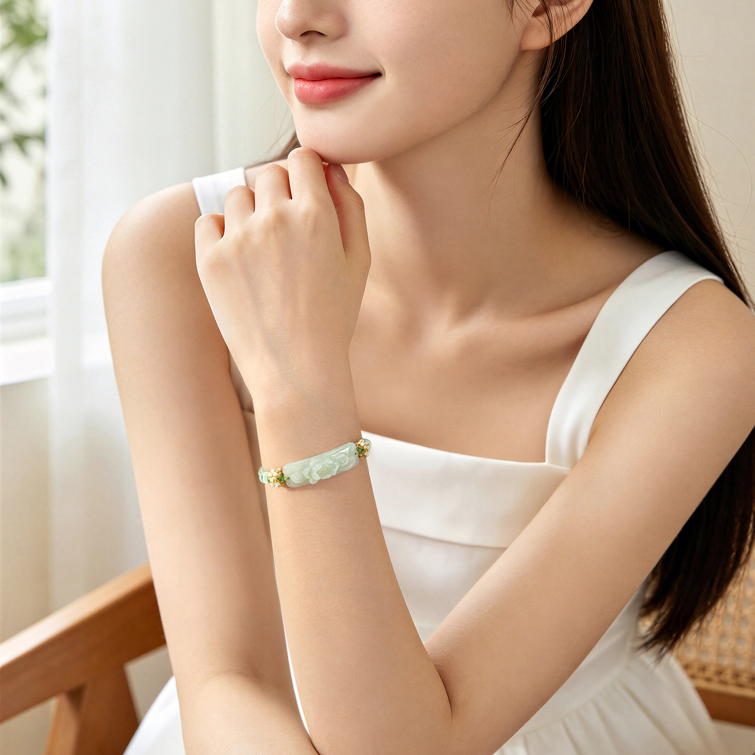 六福珠宝莲花翡翠手链手牌女款日常翡翠玉石手绳编织首饰J2P0005新品324