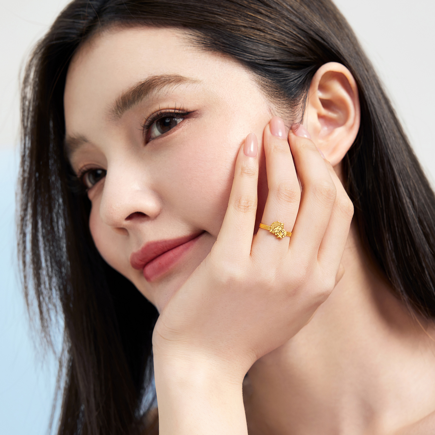 六福珠宝光影金小眠羊黄金戒指女实心羊年生肖礼物计价GJG0294DS组合2