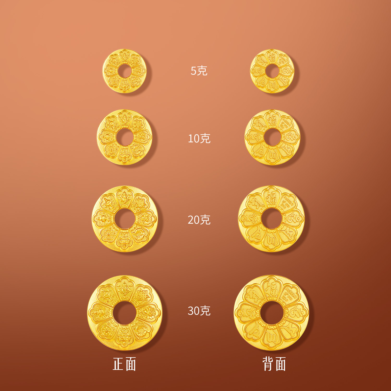 【1日上新】六福珠宝吉祥八宝平安扣黄金添富金币5g10g20g30g计价036597HA-5【不支持退货】